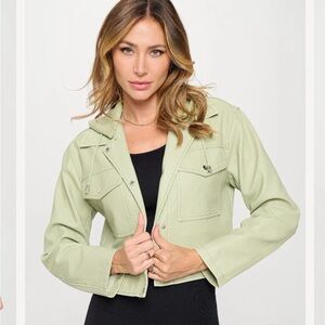 Women's Green Faux Leather Cropped Jacket L